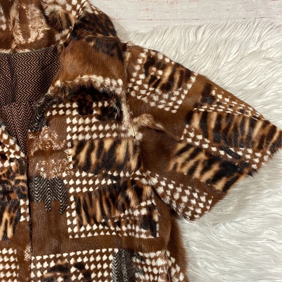 Tuleh Brown Patterned Chinchilla Real Fur Short Sleeve Jacket - Picture 7 of 12